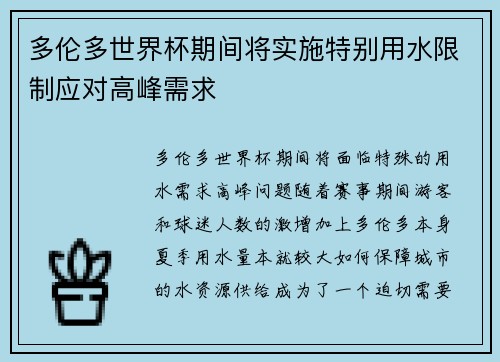 多伦多世界杯期间将实施特别用水限制应对高峰需求 多伦多世界杯期间将实施特别用水限制应对高峰需求