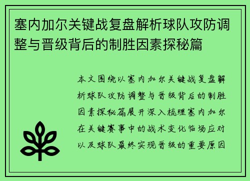 塞内加尔关键战复盘解析球队攻防调整与晋级背后的制胜因素探秘篇